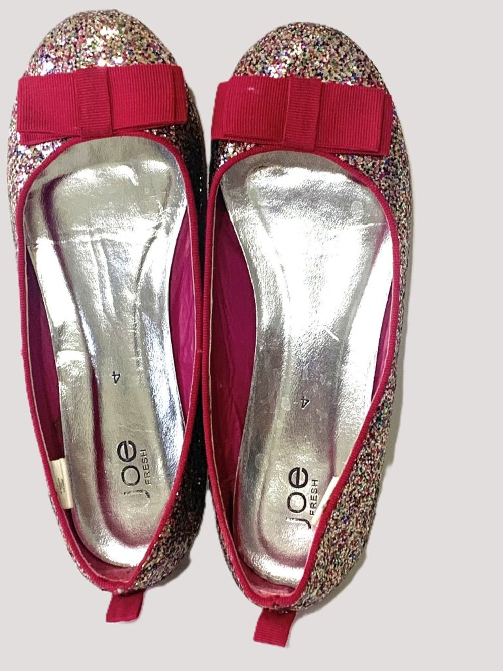 Like New Girls Glitter Ballet Flats Pink Bow Sequin Slip-On Sparkling Size 4